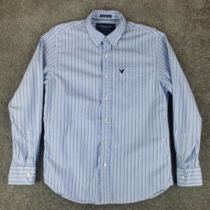 American Eagle Oxford Shirt Large L Mens Blue Stripe Long Sleeve Collared Button